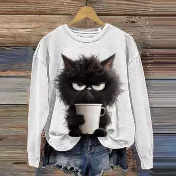 Осень/Зима Женская толстовка с капюшоном Teacup Cat Print Casual Long Sleeve Fashion Round Neck Top Oversize Woman Animal Pattern Clothing S