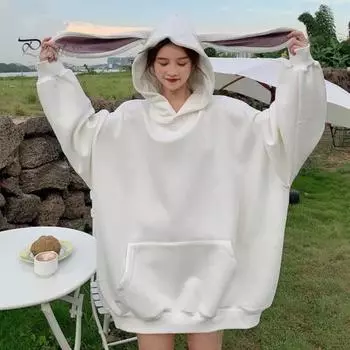 Осень-зима Женская толстовка с капюшоном, толстая, длинная, с декором в виде заячьих ушек, однотонная, свободная, с длинными рукавами, эластичными манжетами, теплая спортивная толстовка в повседневном стиле XXL фиолетовый