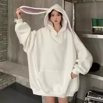 Осень-зима Женская толстовка с капюшоном, толстая, длинная, с декором в виде заячьих ушек, однотонная, свободная, с длинными рукавами, эластичными манжетами, теплая спортивная толстовка в повседневном стиле XXL фиолетовый