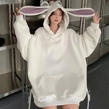 Осень-зима Женская толстовка с капюшоном, толстая, длинная, с декором в виде заячьих ушек, однотонная, свободная, с длинными рукавами, эластичными манжетами, теплая спортивная толстовка в повседневном стиле M белый
