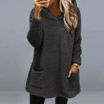 Осень-зима женская толстовка с капюшоном толстая двусторонняя плюшевая мягкая свободная теплая средняя длина с длинным рукавом однотонный пуловер с карманами Hodoed женская толстовка XL армия зеленый