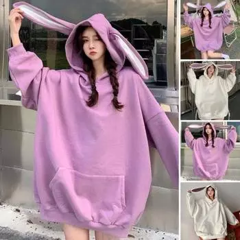 Осень-зима Женская толстовка с капюшоном, толстая, длинная, с декором в виде заячьих ушек, однотонная, свободная, с длинными рукавами, эластичными манжетами, теплая спортивная толстовка в повседневном стиле M белый