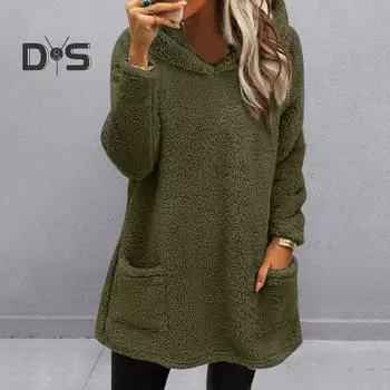 Осень-зима Женская толстовка с капюшоном Толстая двухсторонняя плюшевая мягкая свободная теплая средней длины с длинным рукавом однотонная карманная кофта с капюшоном Женская толстовка с капюшоном XL армия зеленый
