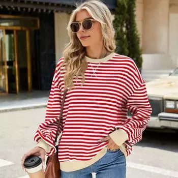 Осень-зима Женская толстовка с круглым вырезом, полосатым принтом, контрастными цветами, длинными рукавами, свободный пуловер с эластичными манжетами, повседневная одежда, топ L