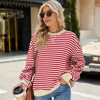 Осень-зима Женская толстовка с круглым вырезом, полосатым принтом, контрастными цветами, длинными рукавами, свободный пуловер с эластичными манжетами, повседневная одежда, топ L