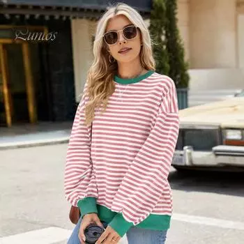 Осень-зима Женская толстовка с круглым вырезом, полосатым принтом, контрастными цветами, длинными рукавами, свободный пуловер с эластичными манжетами, повседневная одежда, топ L