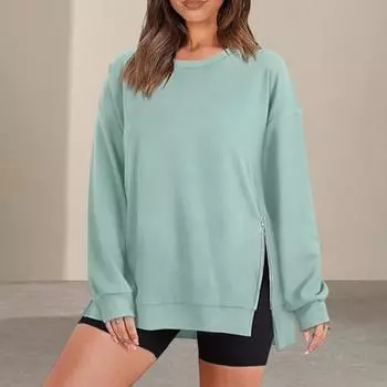 Осень-зима Женская толстовка с застежкой-молнией и разрезом по низу, с круглым вырезом, свободная, толстая, длинная L чёрный