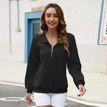 Осень-зима Женская толстовка с застежкой-молнией и отложным воротником, однотонная, с длинным рукавом, свободная, скрученная текстура, толстый теплый пуловер, повседневный S чёрный