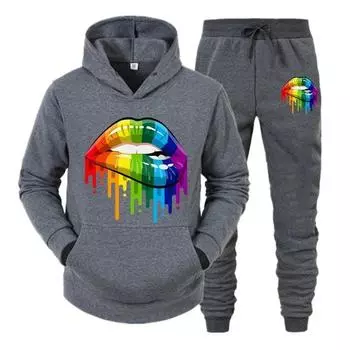 Осень-зима женская толстовка + спортивные штаны, спортивные костюмы из 2 предметов, спортивные костюмы с капюшоном для бега, модные цветные спортивные костюмы с принтом губ XXXL