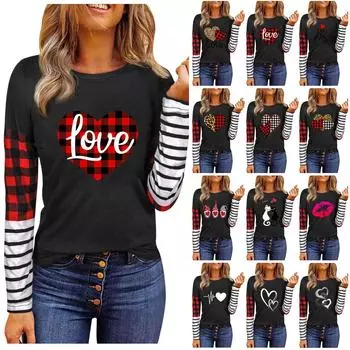 Осень/зима женская трехцветная лоскутная футболка с круглым вырезом и длинными рукавами с принтом S