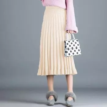 Осень-зима Женская юбка-миди с высокой талией А-силуэта Женская офисная трикотажная юбка Женские плиссированные юбки M абрикосовый