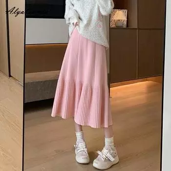 Осень-зима, женская юбка-миди, женская юбка с высокой талией, абрикосовая, черная, розовая, вязаная юбка, элегантная теплая вязаная юбка с оборками, милая юбка One Size абрикосовый
