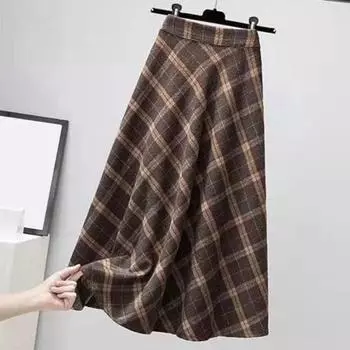 Осень-зима женская юбка с высокой эластичной талией и клетчатым принтом, подходящая по цвету трапециевидная юбка, толстая теплая мягкая юбка-миди длиной до середины икры с мягкими сборками 2XL коричневый