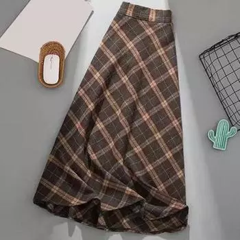 Осень-зима женская юбка с высокой эластичной талией и клетчатым принтом, подходящая по цвету трапециевидная юбка, толстая теплая мягкая юбка-миди длиной до середины икры с мягкими сборками M коричневый