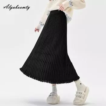 Осень Зима Женская Вязаная Миди Юбка С Высокой Посадкой Бежевая Черная Синяя Вязаная Юбка с Кисточками Плотная Теплая Элегантная А-Силуэта Юбки Женские One Size