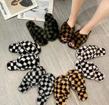 Осень-зима, женская верхняя одежда, сандалии на плоской подошве, домашние теплые пушистые тапочки, удобные пледовые тапочки с мехом кролика и крестиком 35