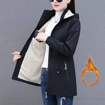 Осень-зима женская ветровка бархатная теплая средняя длинная с капюшоном корейская женская куртка тонкая верхняя одежда XXXXXXL чёрный