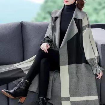 Осень-зима женская ветровка X-длинные пальто женское пальто с открытой строчкой клетчатое пальто L кофейный