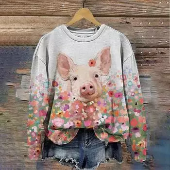 Осень-зима Женская винтажная Милая Свинья Цветочный Принт Унисекс с круглым вырезом Повседневная толстовка с капюшоном Женская с длинным рукавом Толстовки Пуловеры S