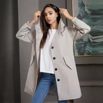 Осень-зима женская водонепроницаемая однотонная свободная длинная ветровка с капюшоном S-3XL S серый