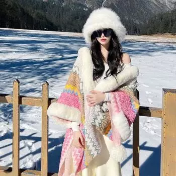 Осень-зима женская вязаная лоскутная накидка с принтом, теплая шаль из искусственного меха, мягкая удобная модная накидка-пончо большого размера для путешествий, вечеринок, офиса one size