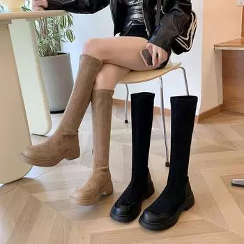 Осень-зима женские эластичные сапоги до колена модные слипоны винтажные квадратные каблуки женские современные длинные сапоги 35