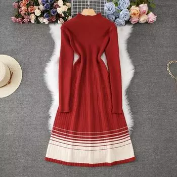 Осень-зима Женские элегантные полосатые вязаные свитера с круглым вырезом Платья-пуловеры One Size красный