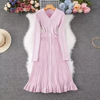 Осень-зима Женские элегантные трикотажные свитера с V-образным вырезом, плиссированные платья One Size розовый