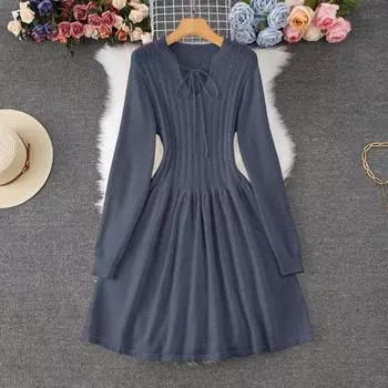 Осень-зима Женские элегантные трикотажные свитера с V-образным вырезом Мини Короткие платья А-силуэта One Size белый