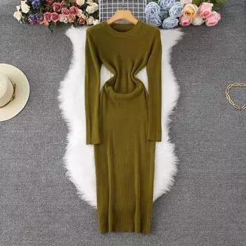 Осень-зима Женские элегантные вязаные свитера с круглым вырезом Тонкие облегающие платья-карандаши One Size абрикосовый