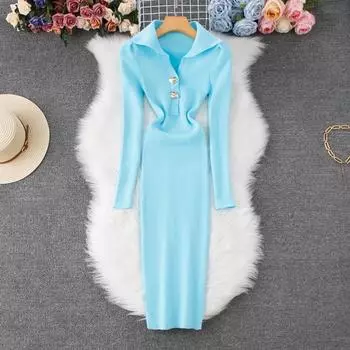 Осень-зима Женские элегантные вязаные свитера с круглым вырезом и большими пуговицами, длинные облегающие платья-карандаши средней длины One Size синий