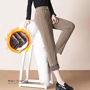 Осень-зима женские брюки новые модные однотонные эластичные повседневные брюки с высокой талией флисовые теплые прямые брюки S чёрный