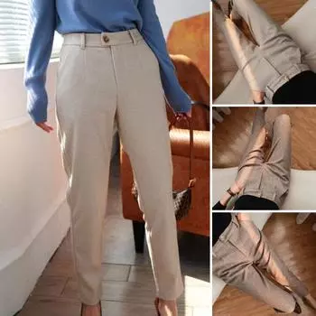 Осень-зима женские брюки с высокой талией и пуговицами на молнии, шерстяной костюм с узором «елочка», брюки, однотонный цвет S хаки