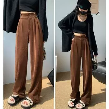 Осень-зима женские брюки с высокой талией и широкими штанинами, весна и осень, большие размеры, модные, элегантные, свободные, прямые, длинные брюки, повседневные, простые брюки 2704 S чёрный