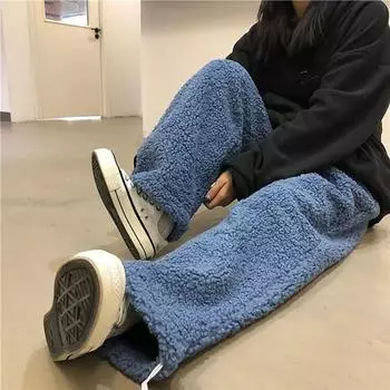 Осень-зима женские брюки сплошной цвет с эластичной резинкой на талии утолщенные свободные прямые брюки из искусственного кашемира с завязками на щиколотке уличная одежда 3XL темно-синий