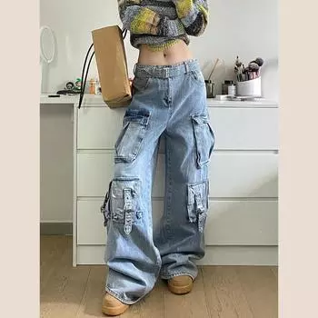 Осень-зима женские джинсы-карго в американском уличном стиле мешковатые брюки-карго женские синие широкие джинсы с несколькими карманами женские XS синий