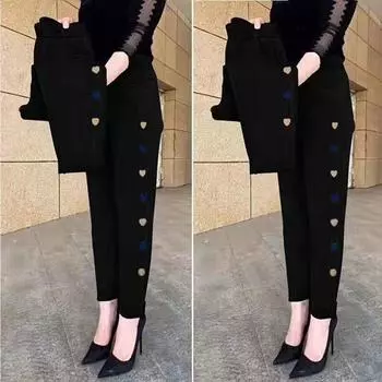 Осень-зима женские джинсы с вышивкой, эластичные джинсы с высокой талией, женские джинсы в стиле «мамины» с карманами, узкие эластичные брюки для женщин XXXXL синий