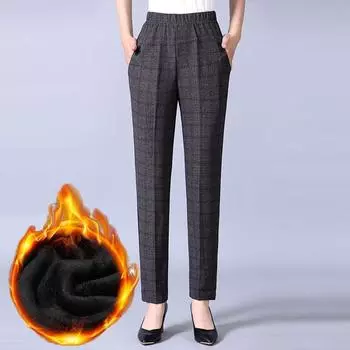 Осень-зима, женские флисовые повседневные клетчатые брюки-карандаш, корейская модная уличная одежда, теплые прямые брюки с высокой талией XXXXXL