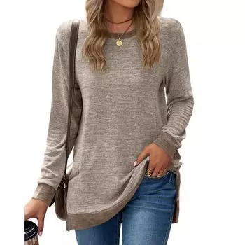 Осень-зима женские футболки однотонные длинные рукава круглый вырез контрастные топы свободные повседневные футболки больших размеров S