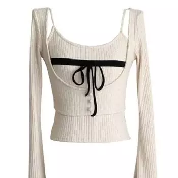 Осень-зима, женские корейские модные кокетки, комплекты из двух предметов, укороченный свитер, пуловеры, топы, джемпер, дизайн Gyaru, трикотаж 2000-х годов Tide S белый