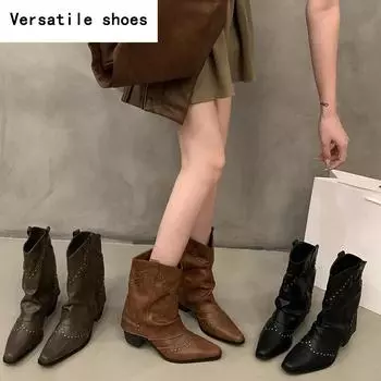 Осень-зима женские короткие сапоги в стиле ретро, сапоги в стиле вестерн, остроносые, на квадратном каблуке, женские туфли 35