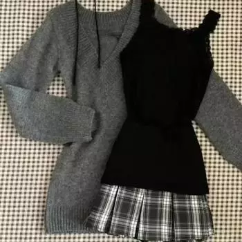 Осень-зима женские костюмы из 3 предметов с V-образным вырезом, французский винтажный свитер с длинными рукавами, пуловеры, кружевной жилет, юбка JK Y2k, комплект уличной одежды S чёрный/серый