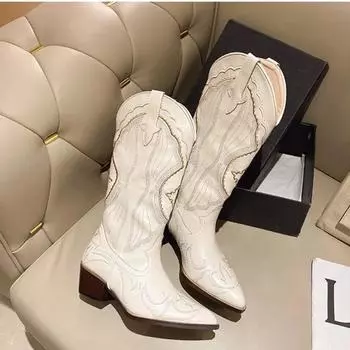 Осень-зима женские ковбойские сапоги модные вышитые женские сапоги с острым носком женские рыцарские сапоги большого размера Botas Mujer 35