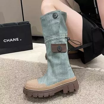 Осень-зима женские ковбойские сапоги в стиле вестерн, модные длинные ботинки на толстом каблуке, женские джинсовые туфли в стиле ретро 35