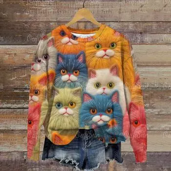 Осень-зима Женские милые кошачьи принты Толстовки с длинным рукавом и круглым вырезом Женские повседневные свободные толстовки S