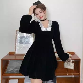 осень зима Женские мини-платья Повседневные Длинные рукава винтажное кружево Сращивание V-образный вырез Женские вечерние платья из золотистого бархата Mujer Vestidos M