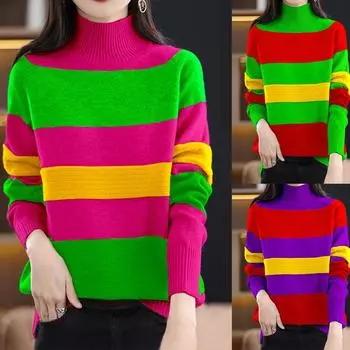 Осень-зима женские новые модные прямые широкие полосатые длинные рукава топы повседневные полувысокие воротнички теплые свитера для женщин S зелёный