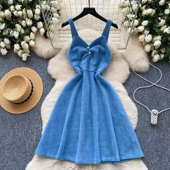 Осень-зима Женские однотонные бретельки-спагетти Милые твидовые вечерние платья S синий