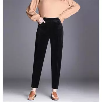 Осень-зима, женские однотонные брюки, повседневные эластичные брюки с высокой талией, прямые брюки, свободные вельветовые теплые толстые брюки-шаровары, женские S