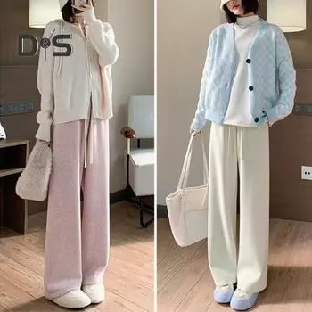 Осень-зима женские однотонные повседневные длинные брюки с эластичной резинкой и высокой талией на шнурке, прямые широкие брюки с драпировкой, шерстяные брюки M серый